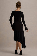 Serenita | Black Asymmetric Long-Sleeve Midi Dress