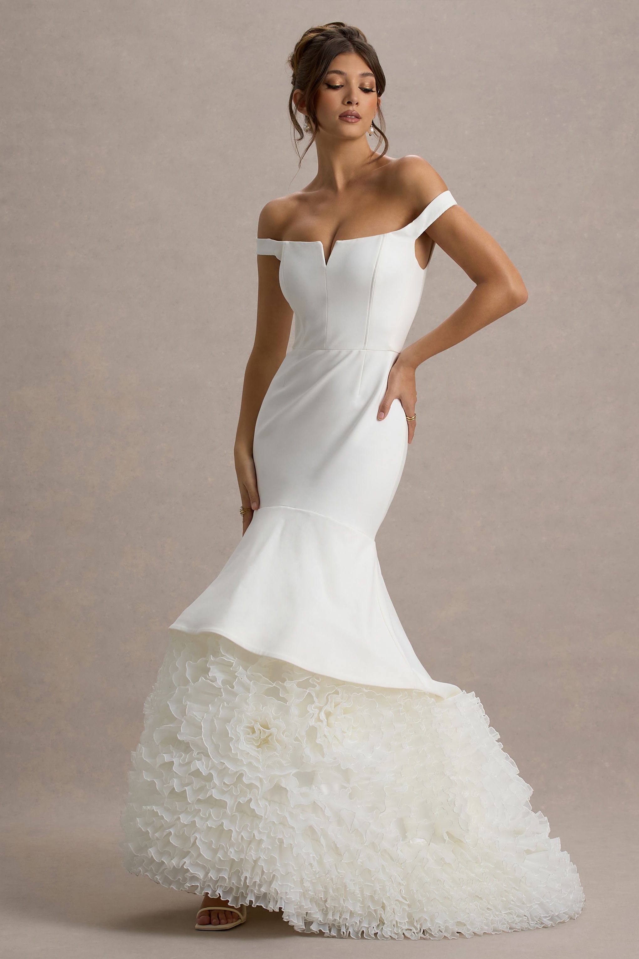 The Greatest | White & Cream Bardot Maxi Dress With Tulle Skirt