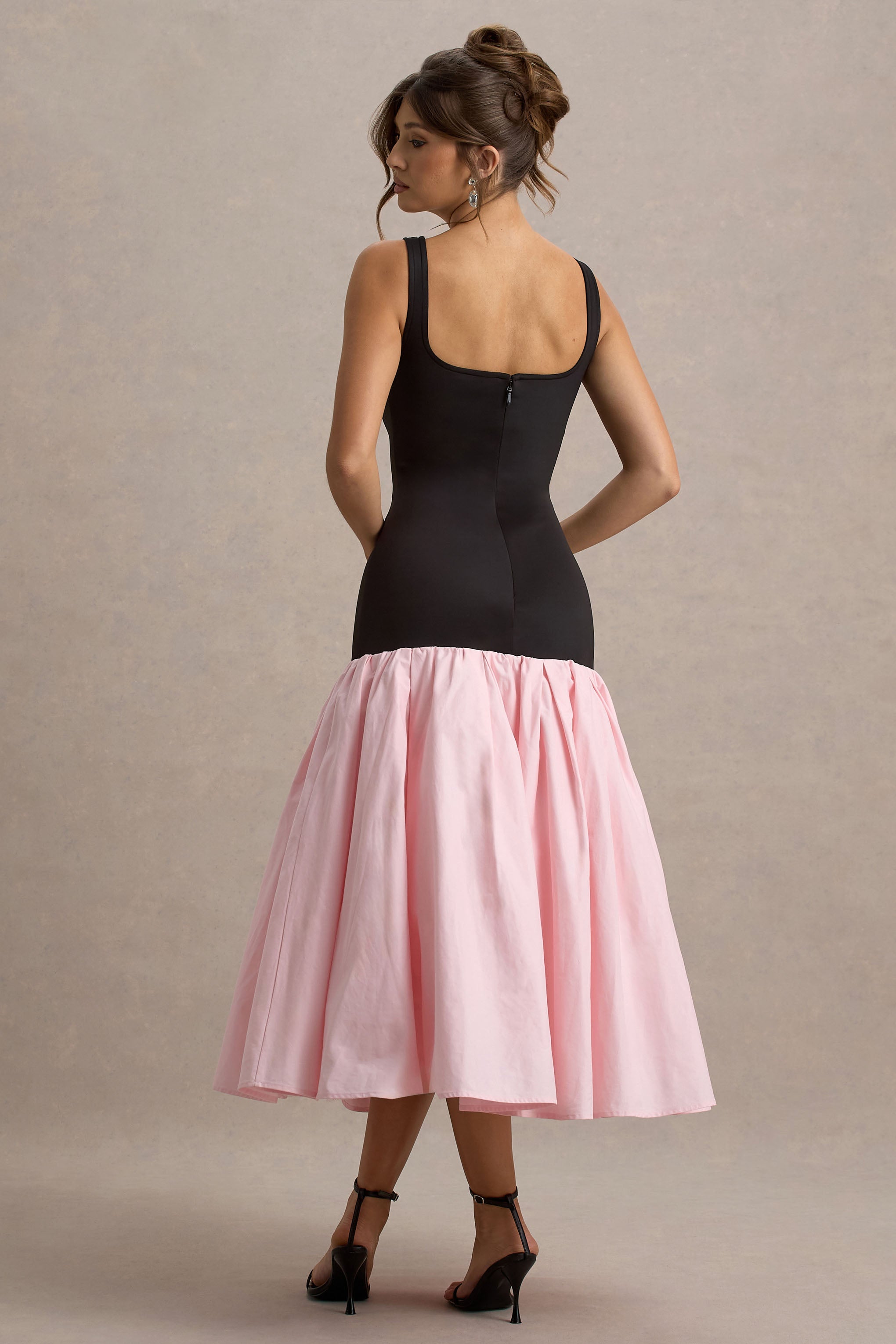 Parida | Black & Pink Poplin Drop-Waist Midi Dress With Peplum Hem