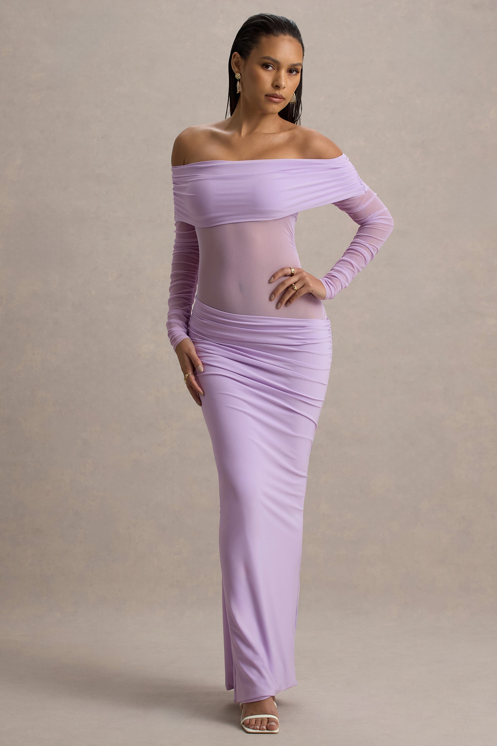 Belamour | Lavender Semi-Sheer Bardot Gathered Maxi Dress