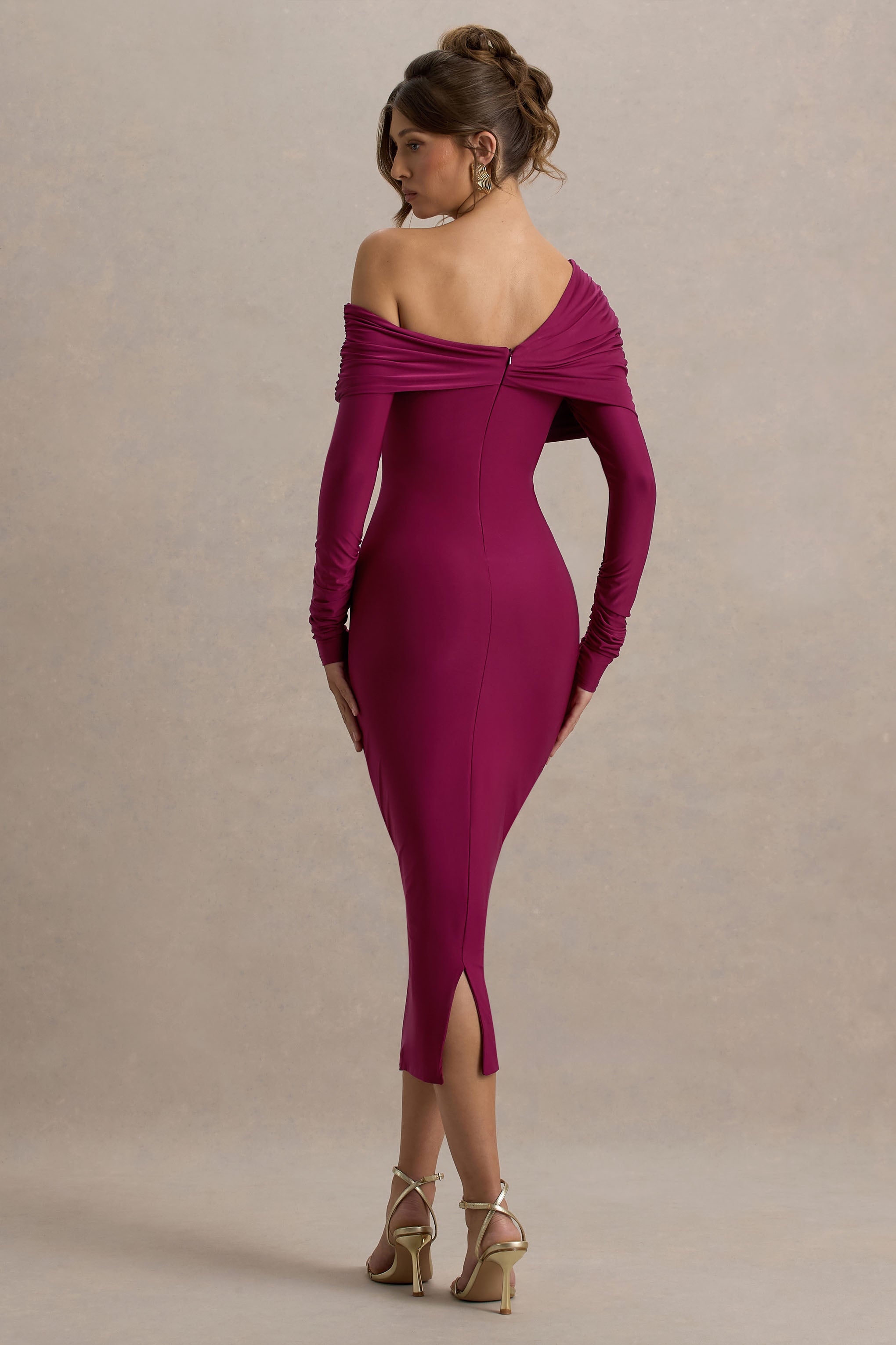 Cleo | Burgundy Bodycon Midi Dress With Mesh Sleeves