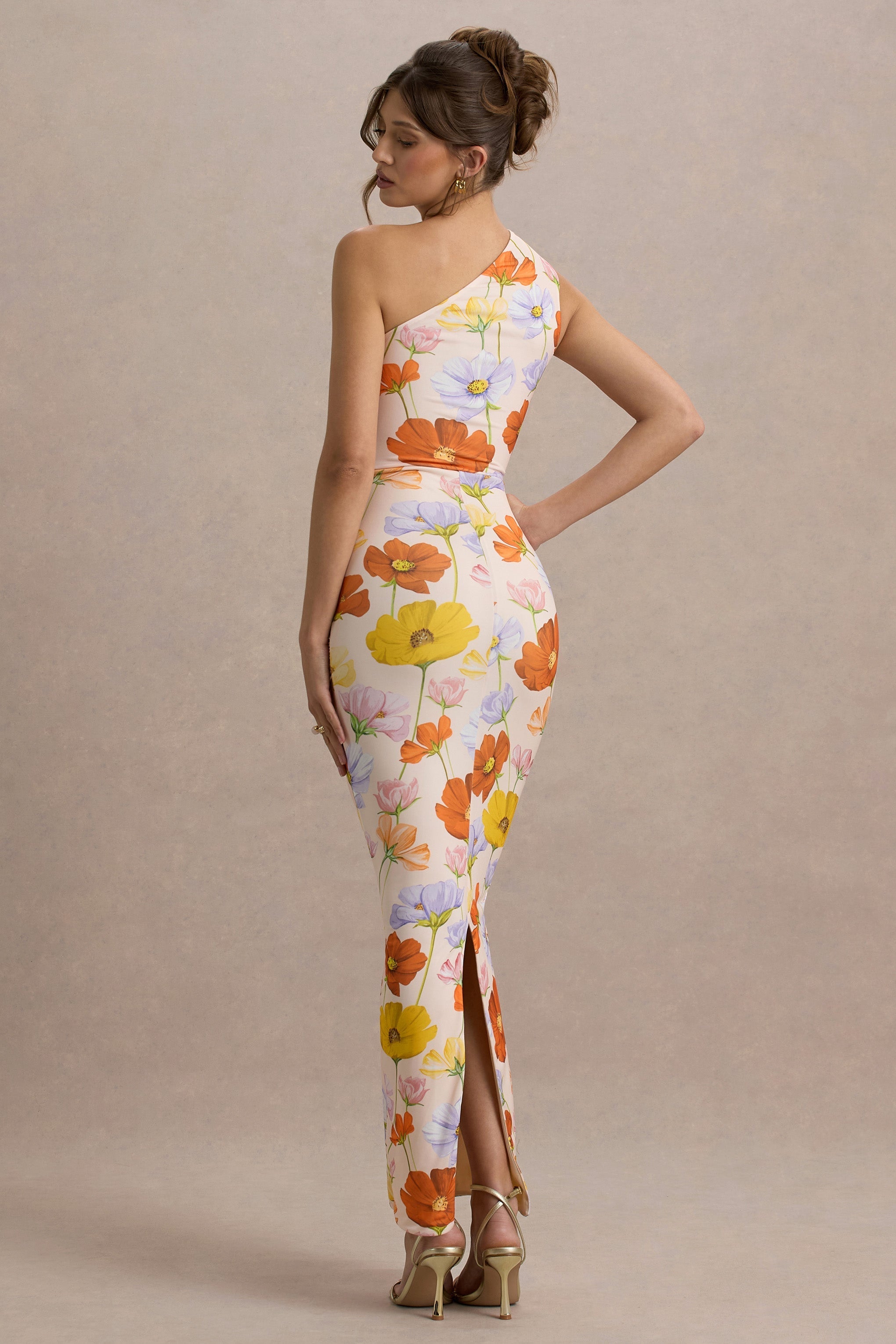 Dalarie | Bright Floral Print One-Shoulder Gathered Maxi Dress