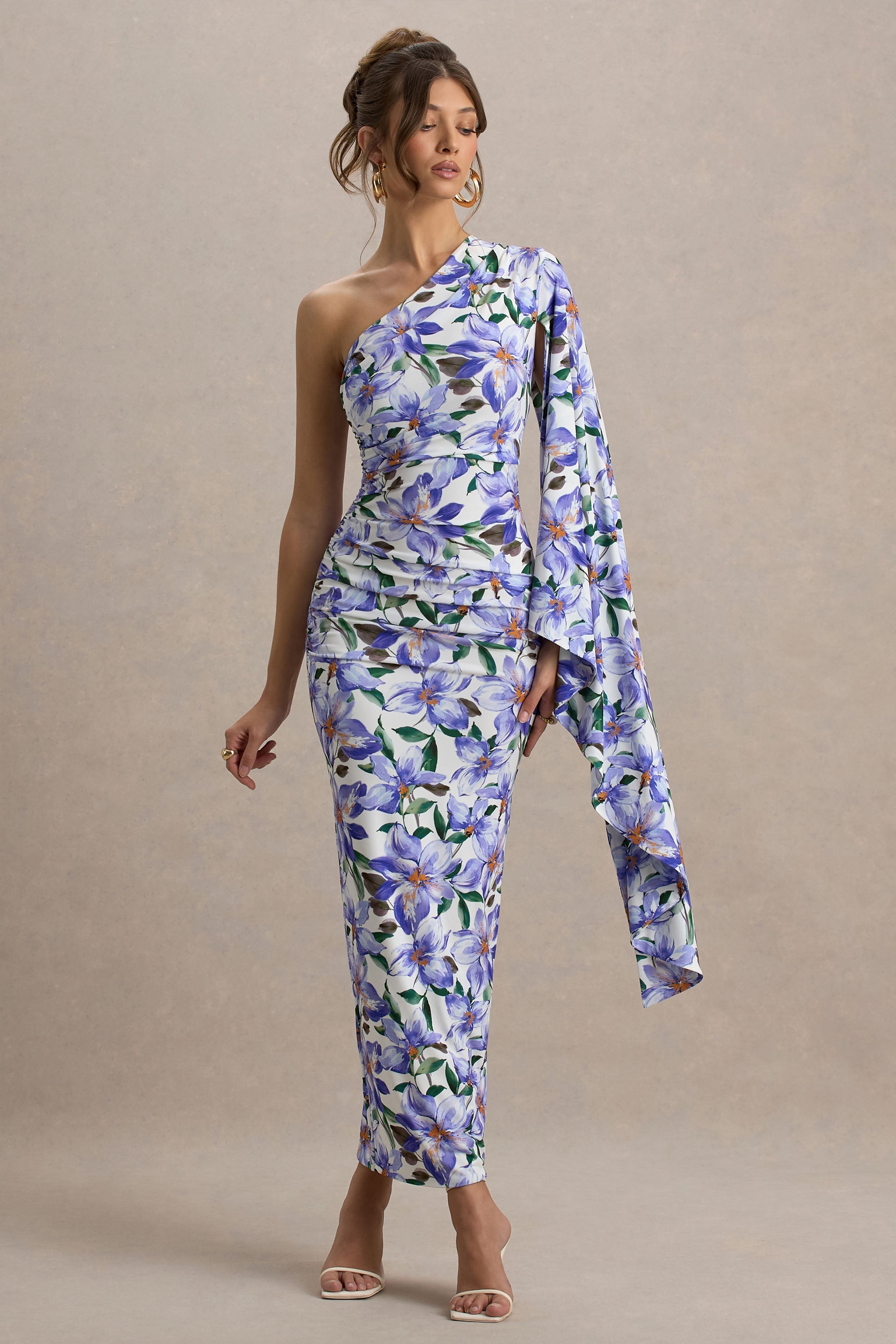 Clementina | Purple Lily Print Asymmetric Cape Sleeve Maxi Dress