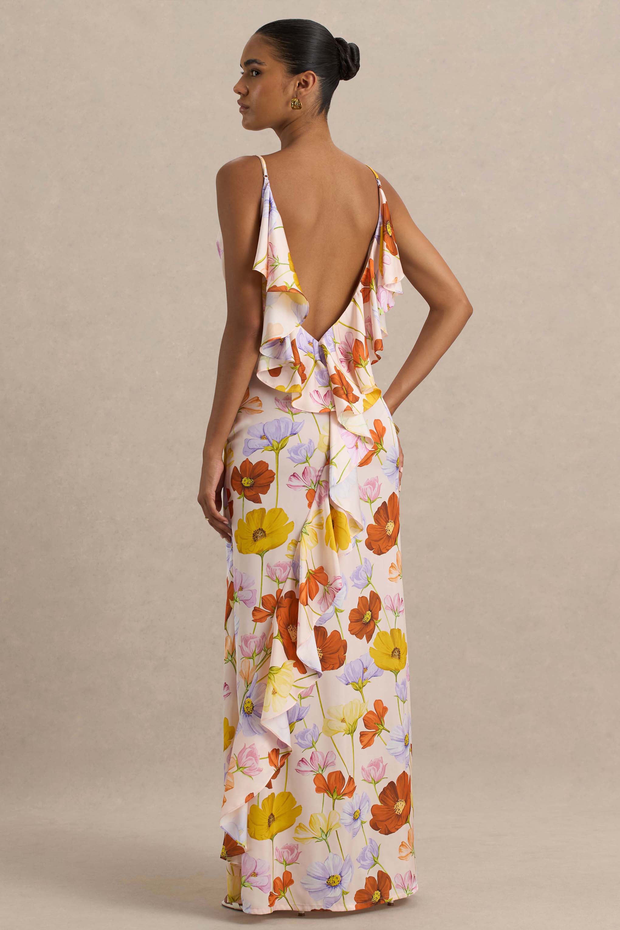 Thames | Bright Floral Print Satin Cowl-Neck Maxi Dress