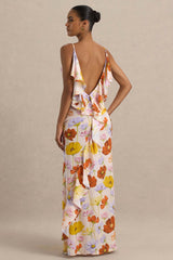 Thames | Bright Floral Print Satin Cowl-Neck Maxi Dress