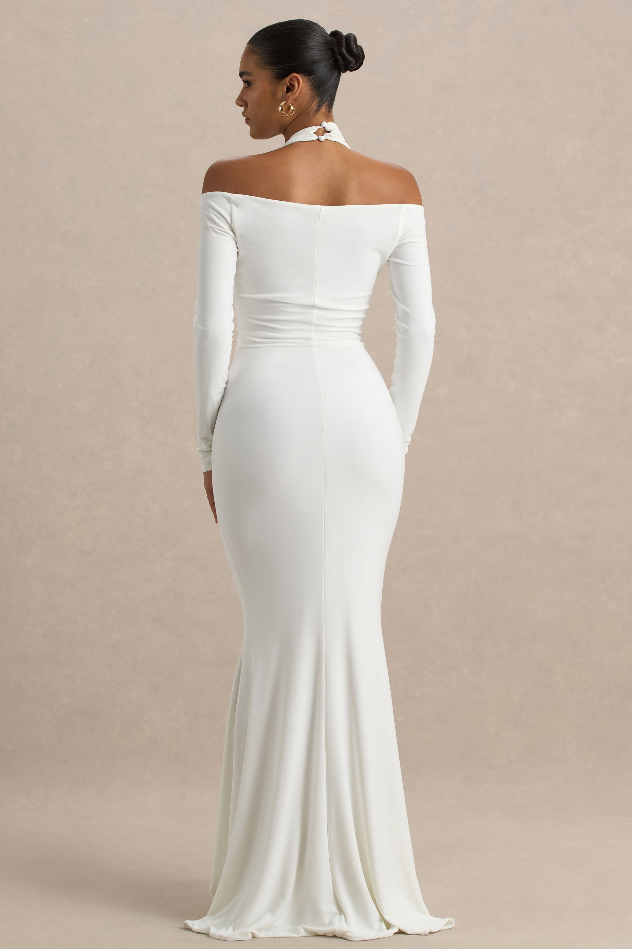 Living High | White Halter-Neck Maxi Dress With Long Sleeves