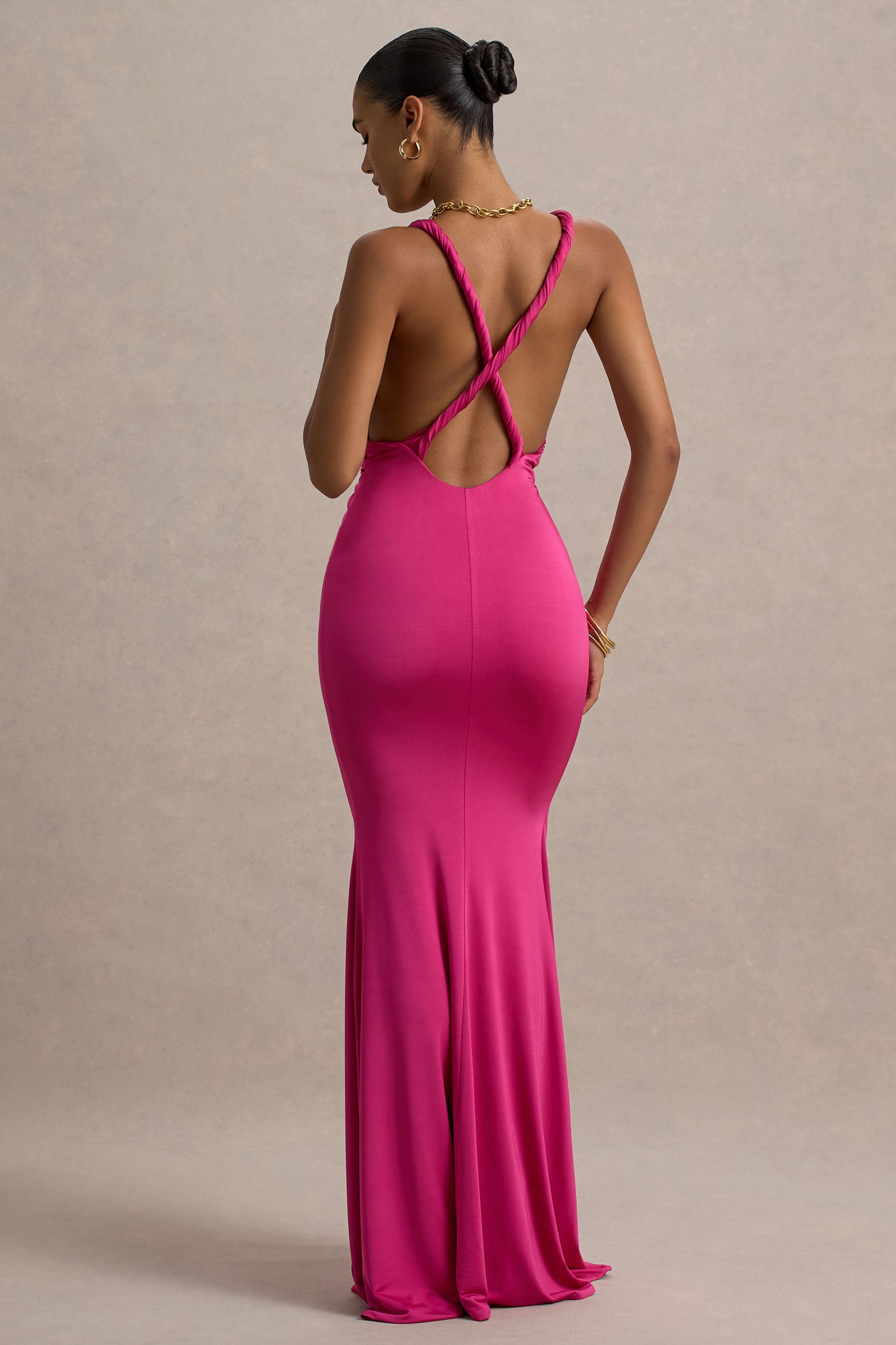 Santez | Hot Pink Twisted Plunge-Neck Maxi Dress