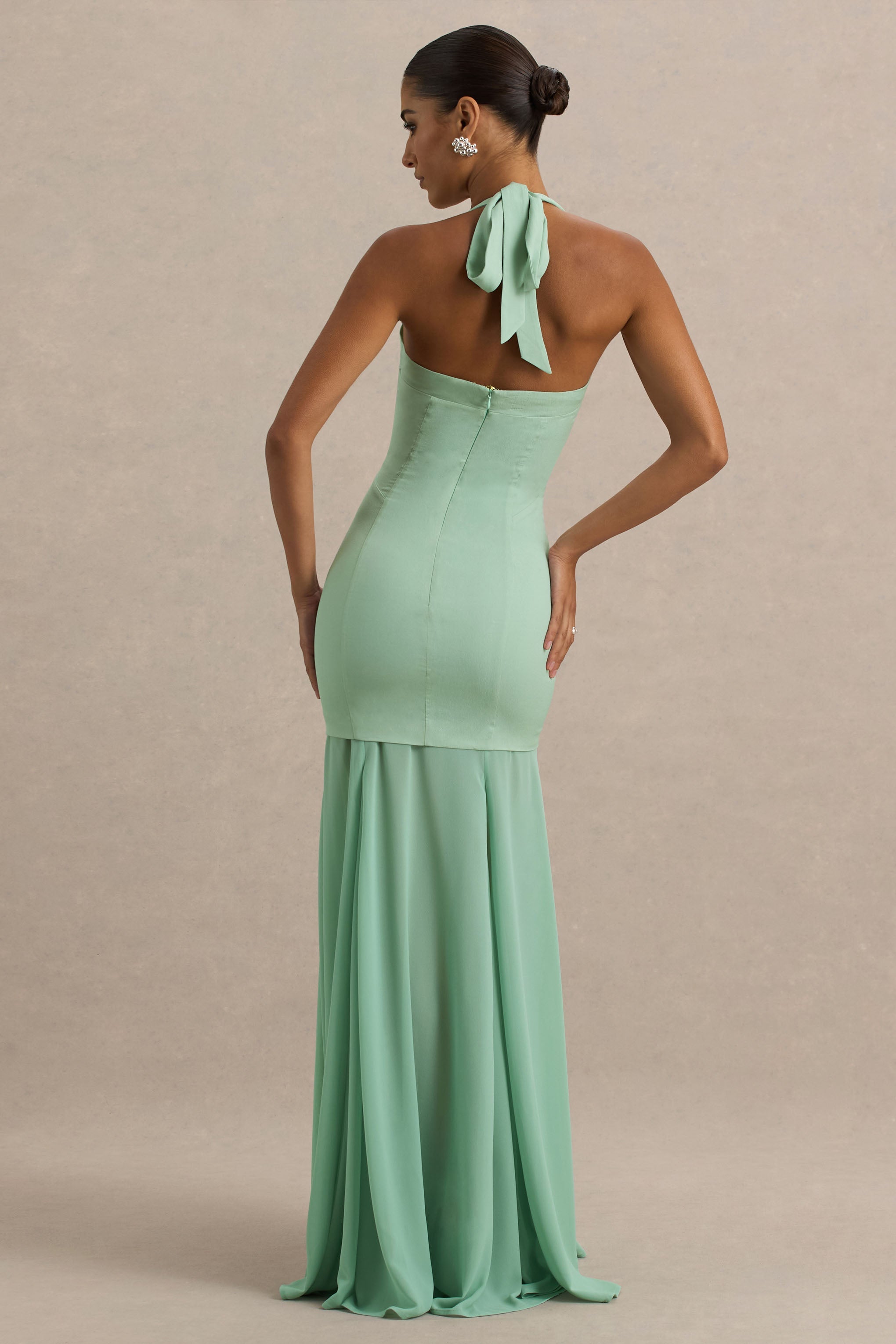 Kirby | Sage Corset Halter-Neck Maxi Dress With Sheer Detail