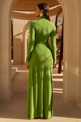 Hourglass | Green Long-Sleeve Twisted Maxi Dress With Split