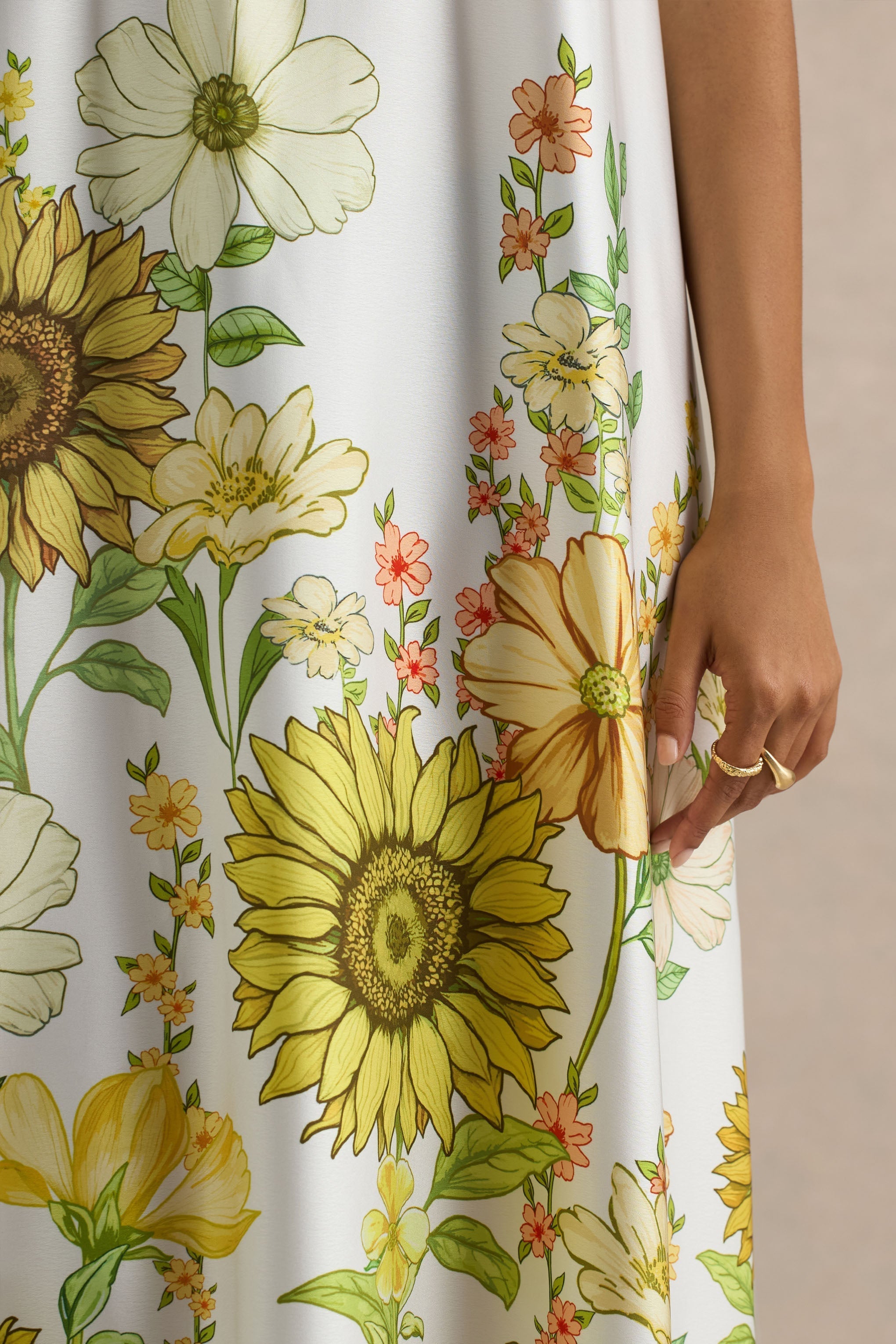 Glide | Sunflower Print Satin High-Neck Slip Maxi Dress