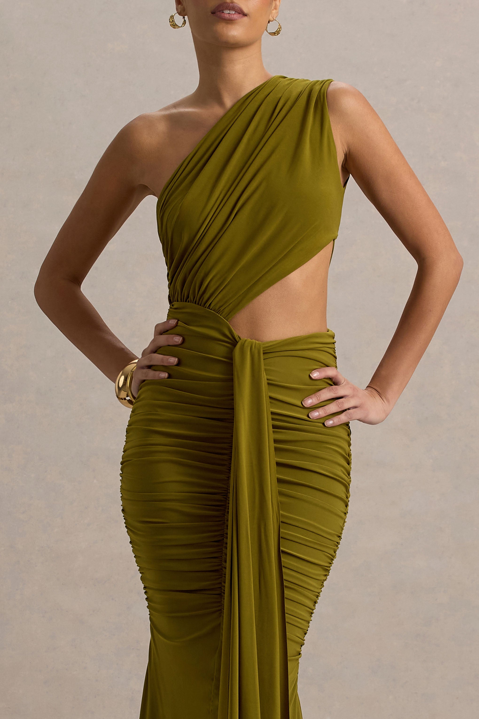 Beline | Green One-Shoulder Cut-Out Maxi Dress With Drape