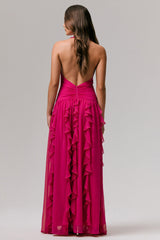 Bea | Hot Pink Plunge-Neck Ruffled Maxi Dress