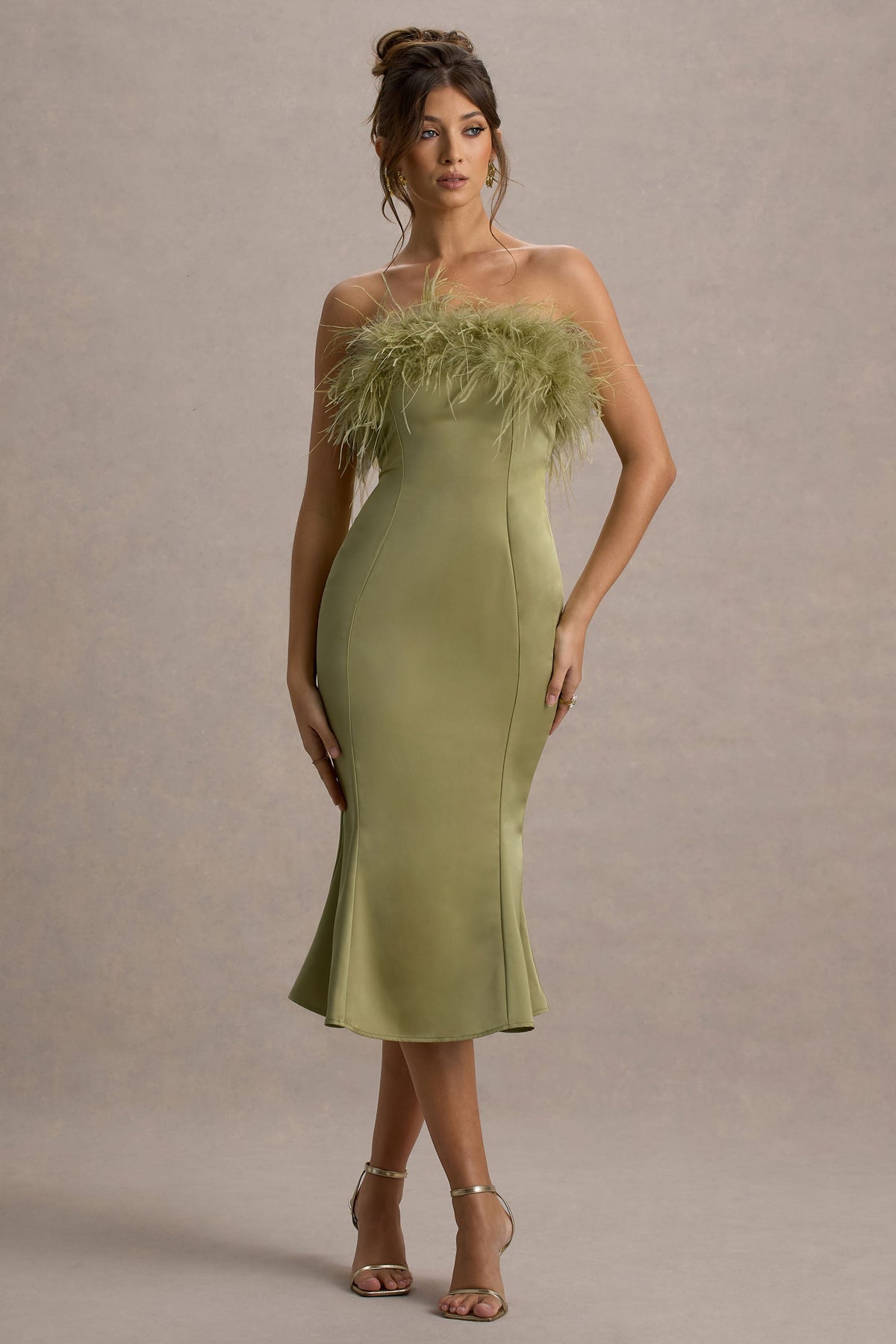 One And Only | Light Green Satin Feather Trim Bandeau Midi Dress