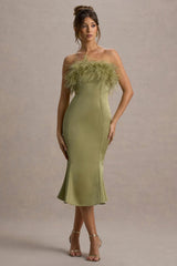 One And Only | Light Green Satin Feather Trim Bandeau Midi Dress