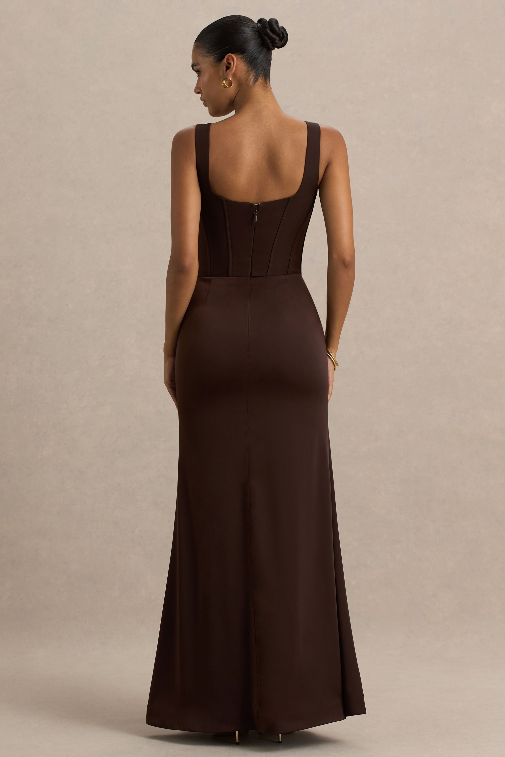 Morgan | Brown Satin Corset Maxi Dress