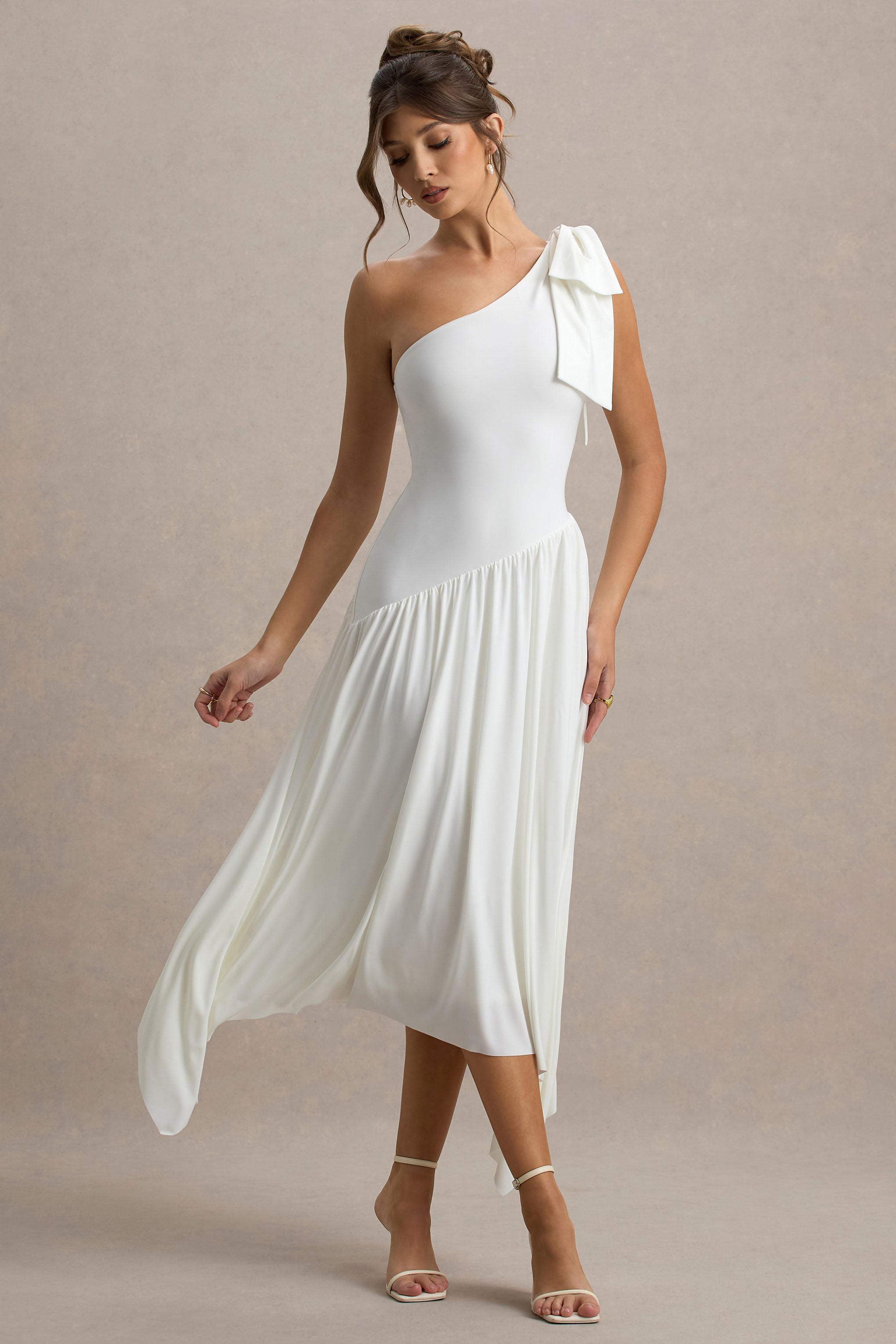 Lotus Love | White One-Shoulder Hanky-Hem Maxi Dress With Bow