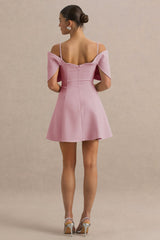 Faria | Blush Pink Short-Sleeve Bardot Mini Dress With Bow Detail