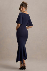 Ashling | Navy Flutter-Sleeve Hanky-Hem Midi Dress