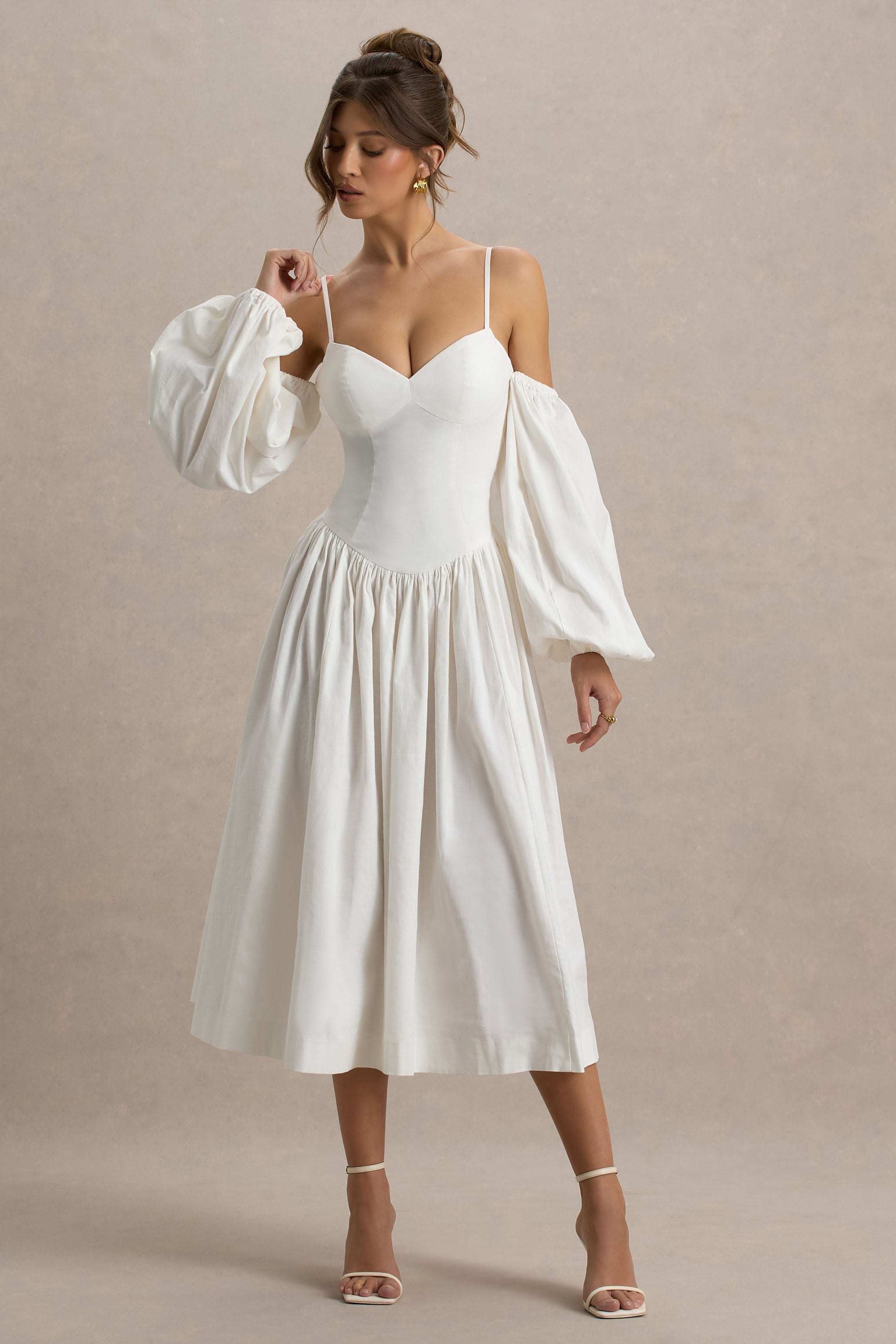 Macie | Cream Sweetheart Midi Dress With Balloon Sleeves
