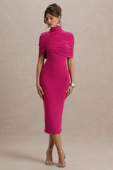 Cecille | Hot Pink Midi Dress With Cape Sleeve Detail