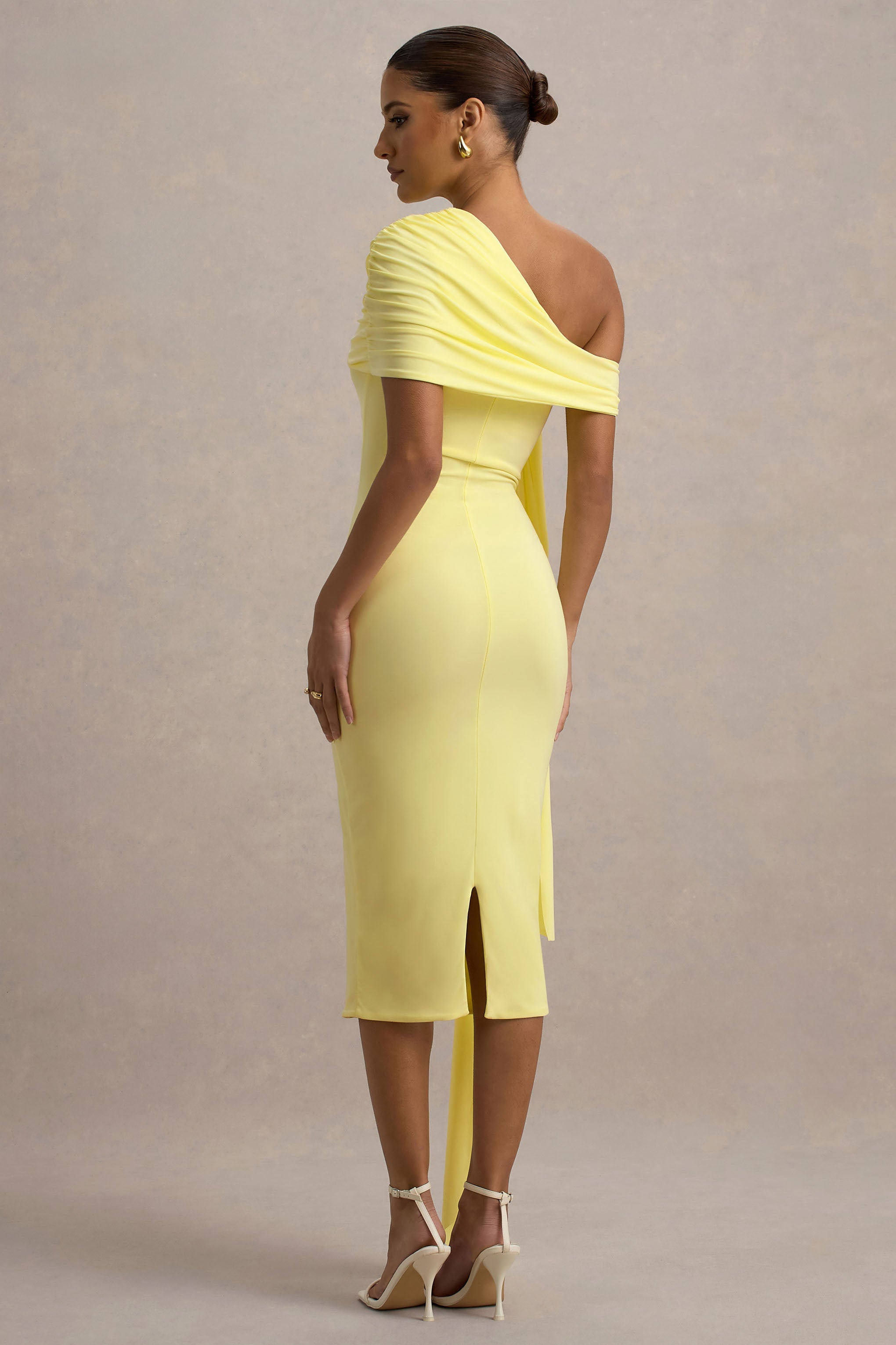 Vallea | Lemon One-Shoulder Draped Midi Dress