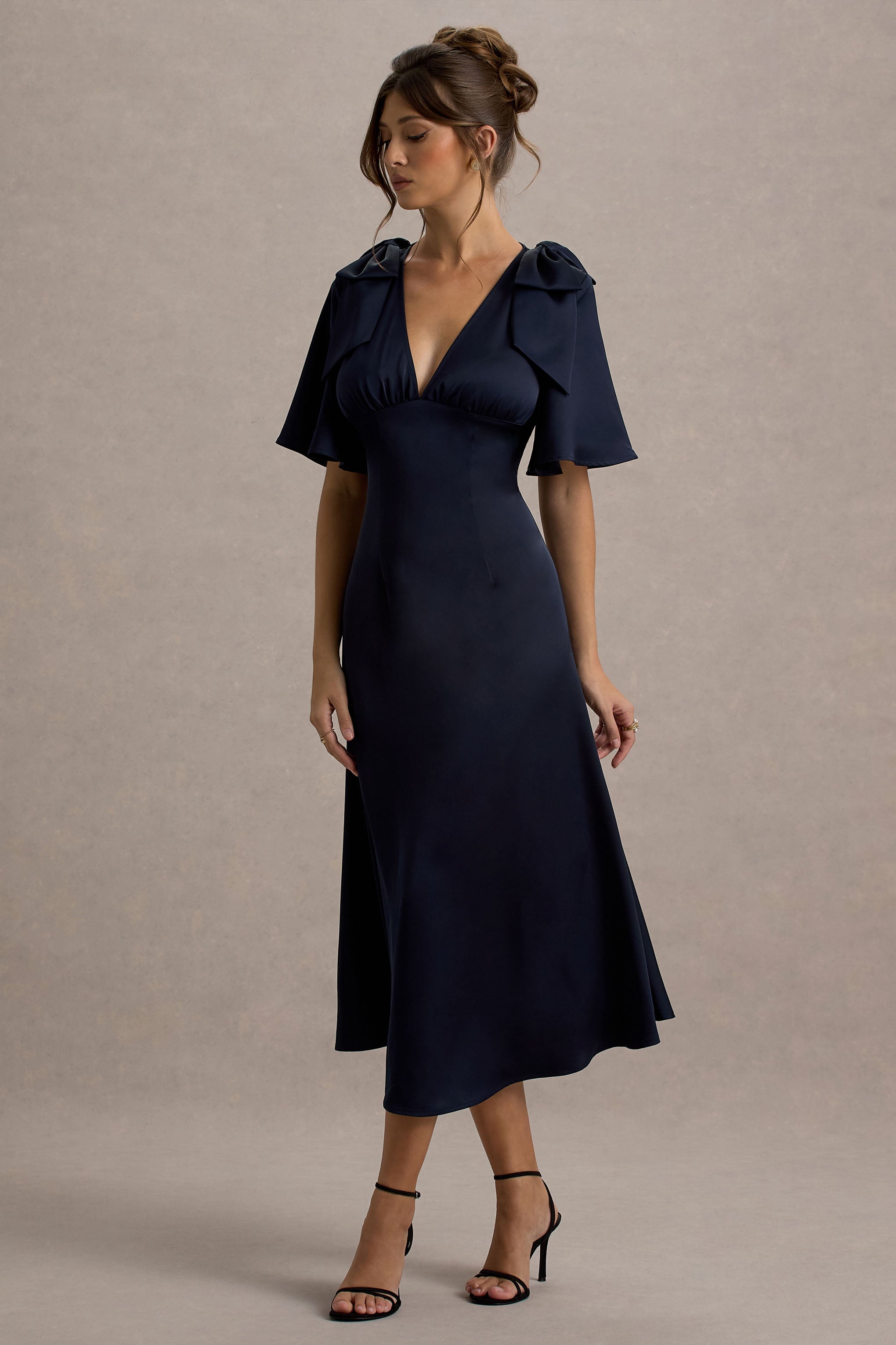Danna | Navy Satin V-Neck Short-Sleeve Midi Dress