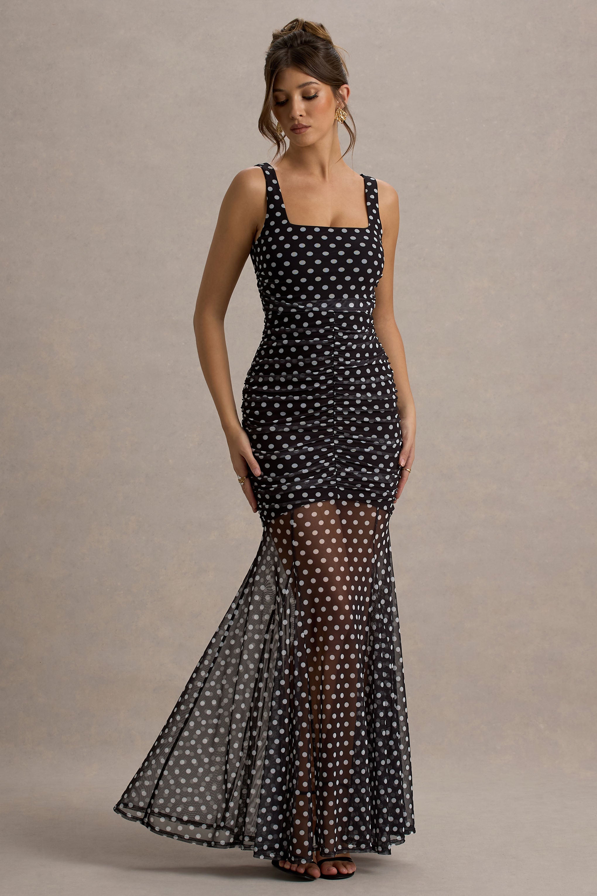 Galaxia | Black & White Polka Dot Maxi Dress With Mesh Skirt