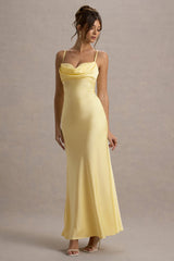 Eimear | Lemon Satin Draped Sweetheart Maxi Dress