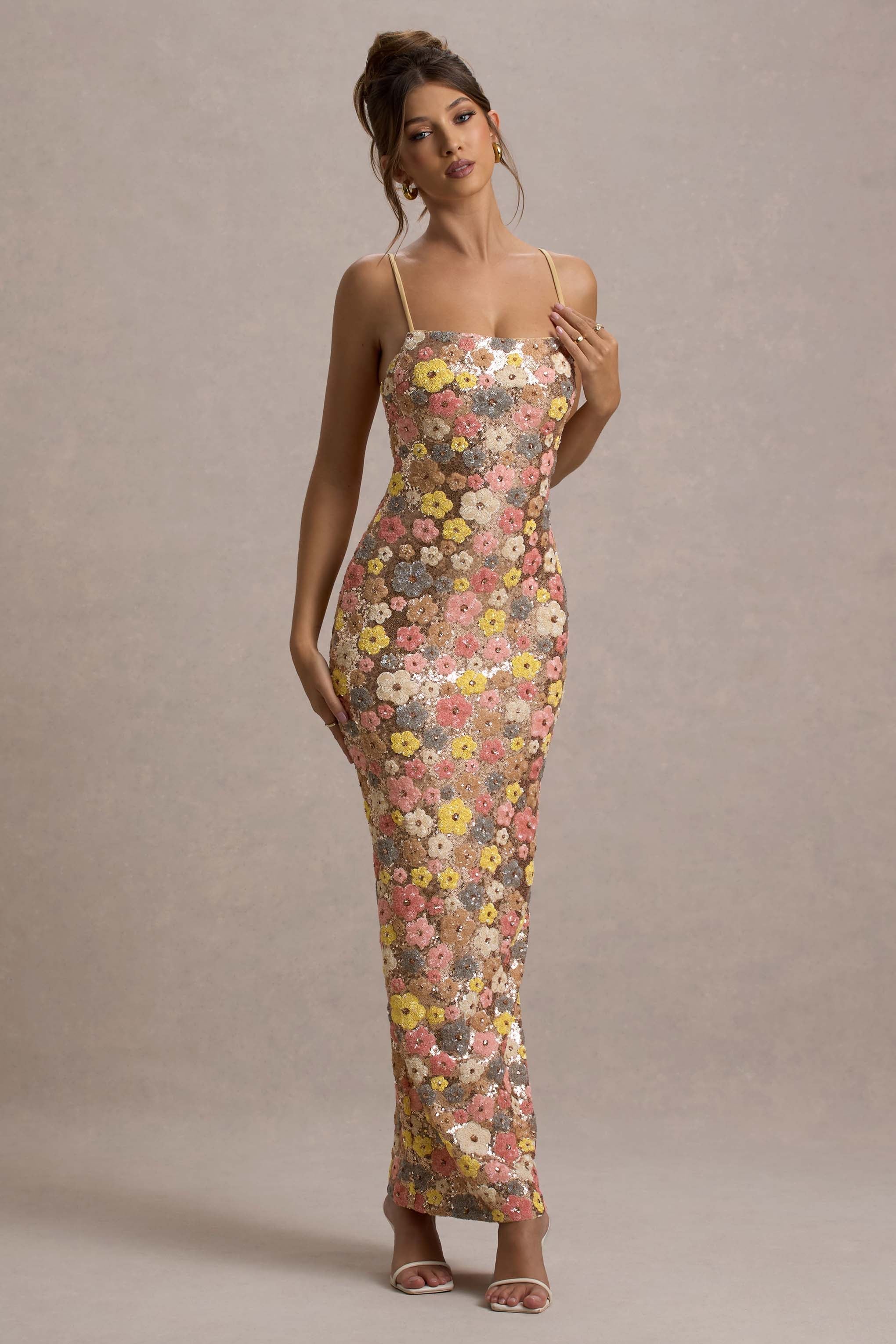 Vitora | Pastel Floral Print Sequin Square-Neck Maxi Dress
