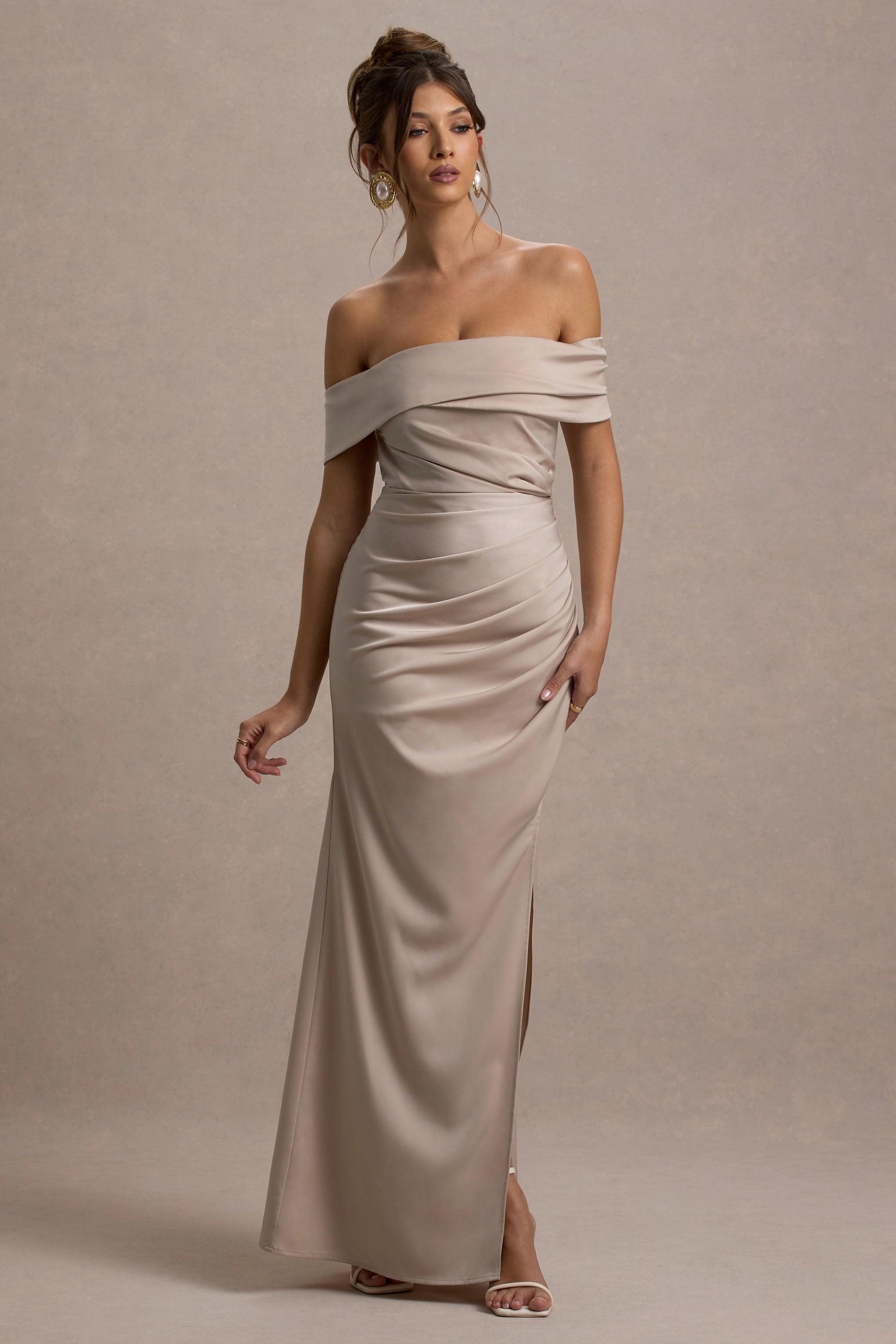 Martine | Champagne Satin Bardot Wrap Maxi Dress