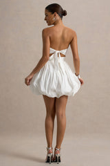 Faye | White Puff Ball Bandeau Micro Mini Dress With Ruching Details