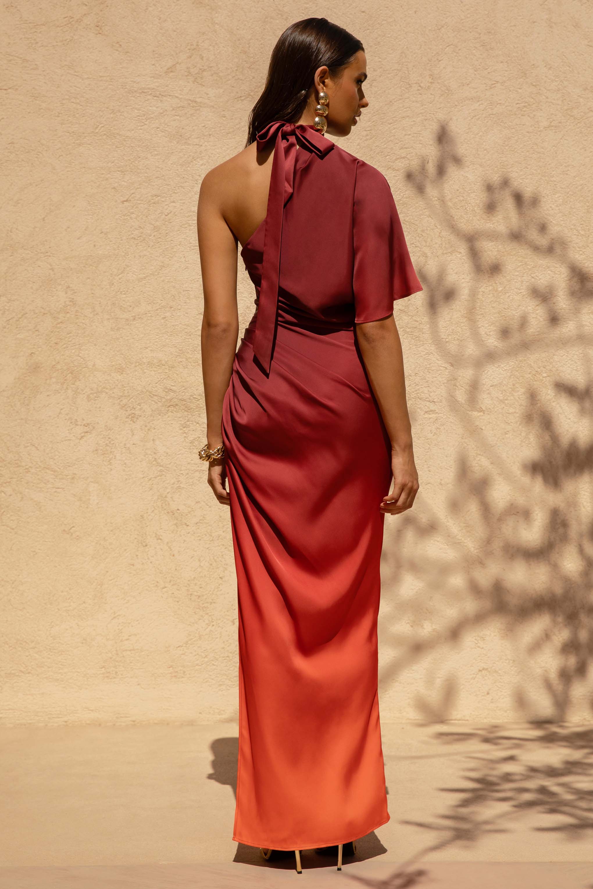Coralie | Red and Orange Ombre Satin Asymmetric Maxi Dress