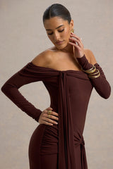 Jovie | Brown Bardot Wrap Maxi Dress With Sash Detail