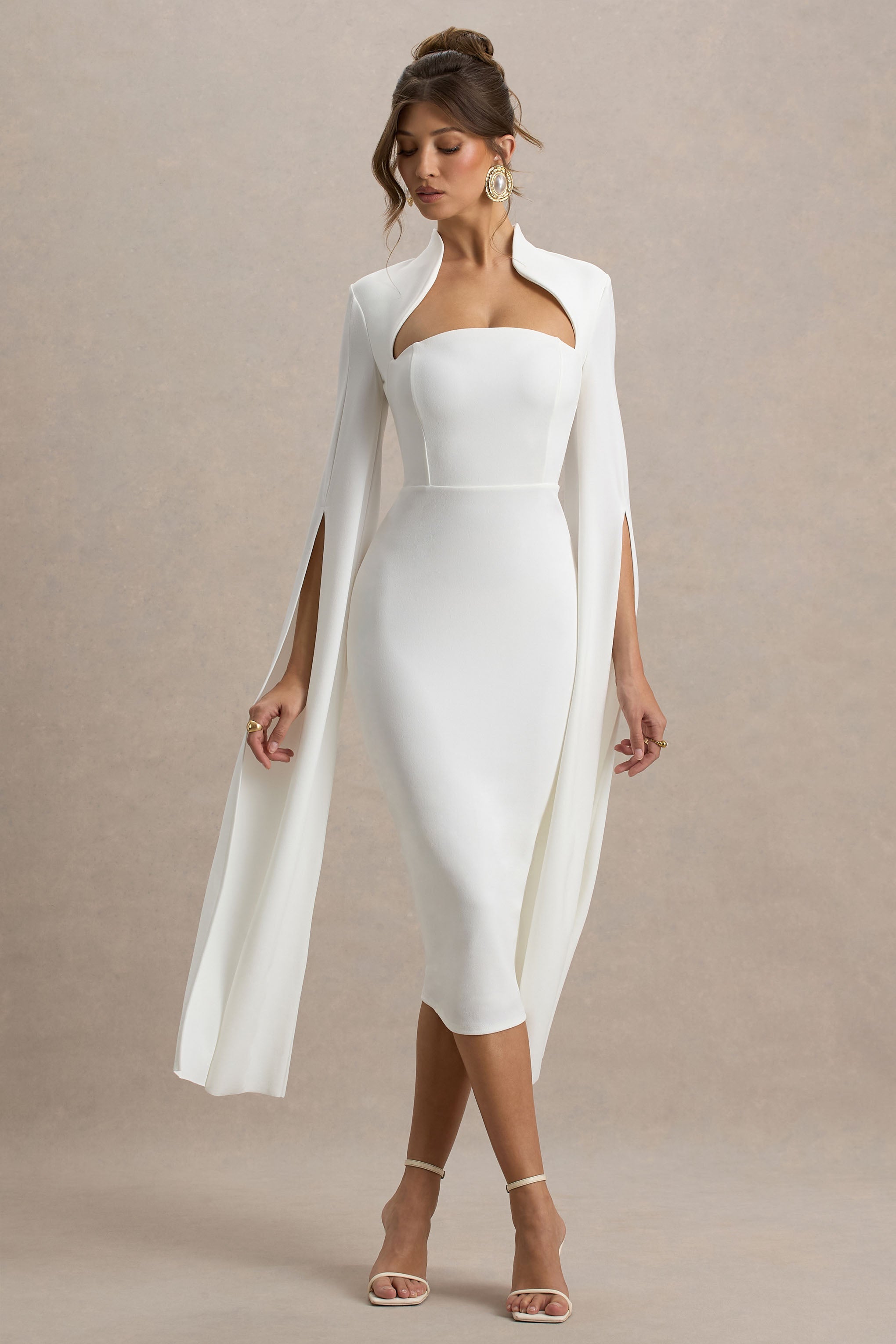 Linden | White Bodycon Cape-Sleeve Midi Dress