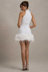 Lumi | White Sequin High-Neck Feather Trim Mini Dress