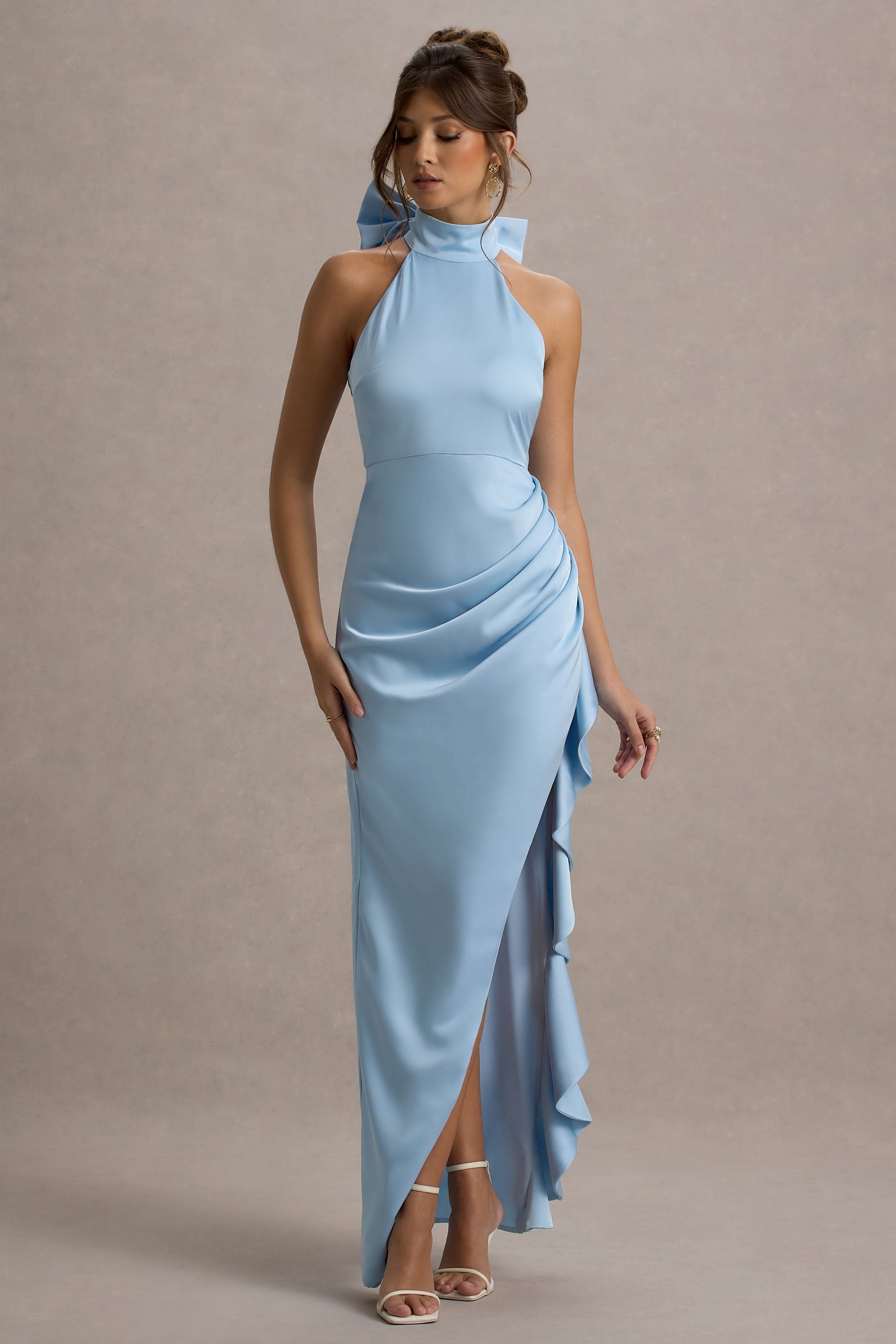Maureen | Powder Blue Satin High-Neck Draped Maxi Dress