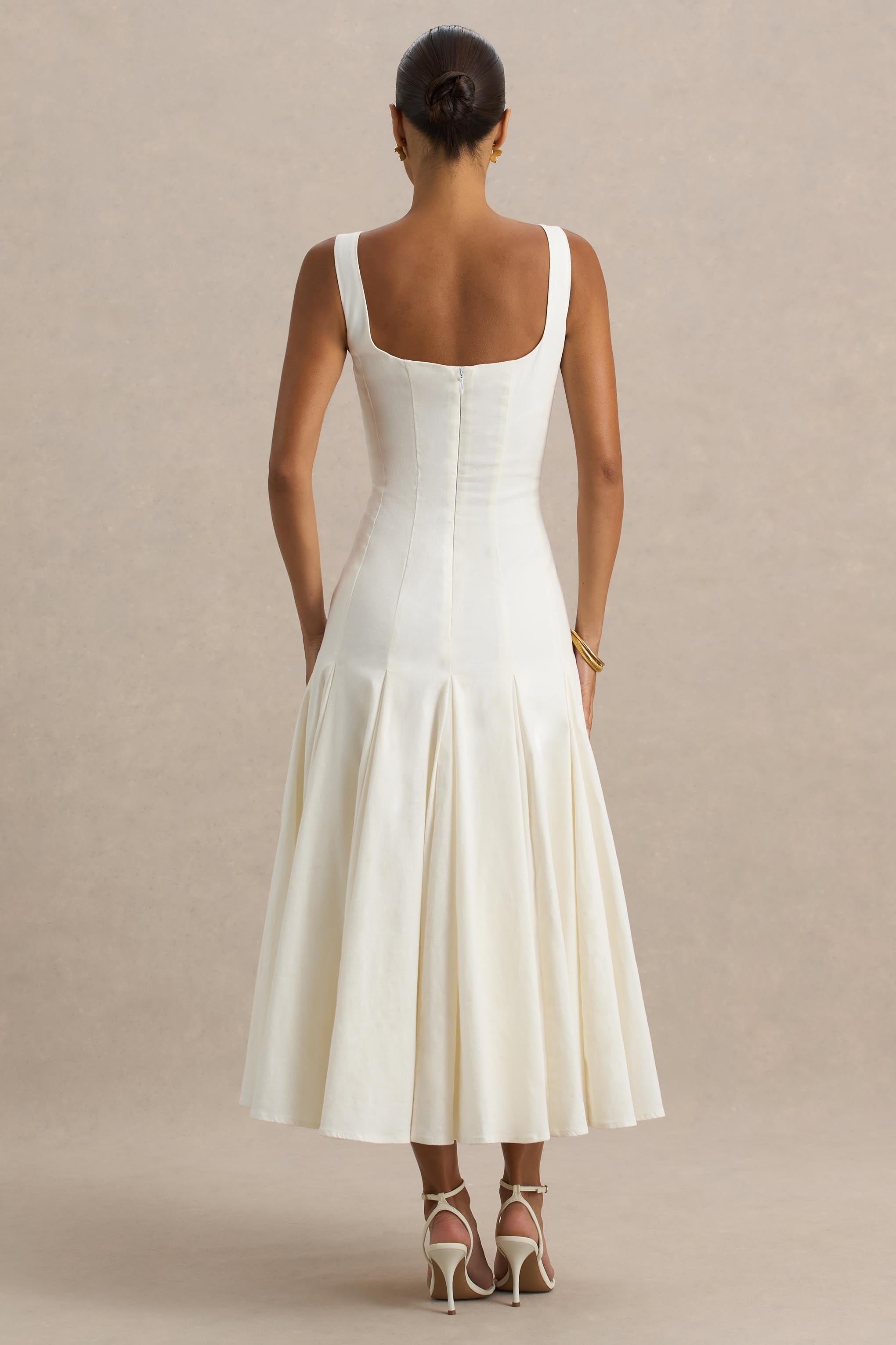 Magnolia | White Scoop-Neck Midi Dress With Drop-Waist And Ruffling Detail