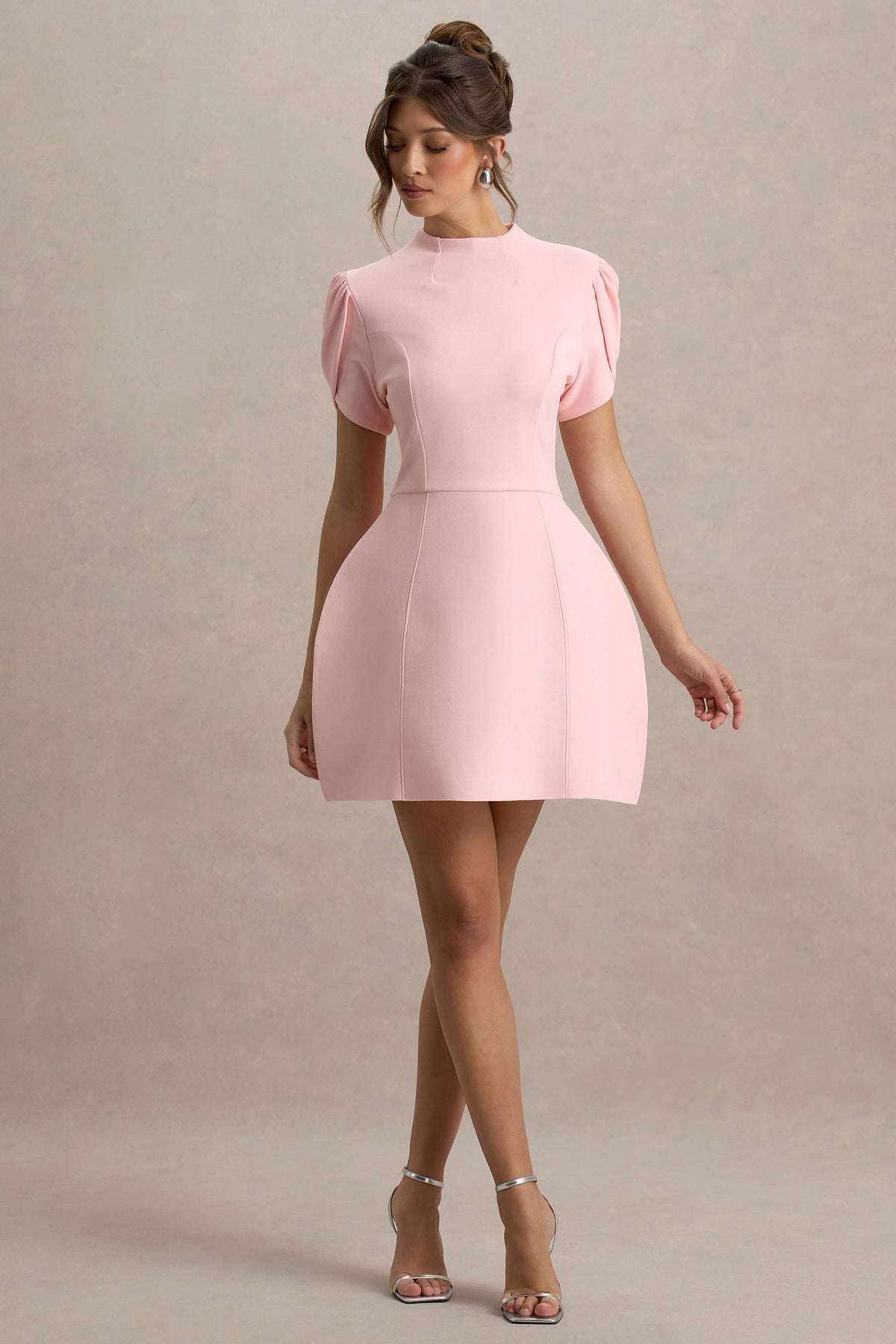 Carabella | Pink High-Neck Short-Sleeve Mini Dress