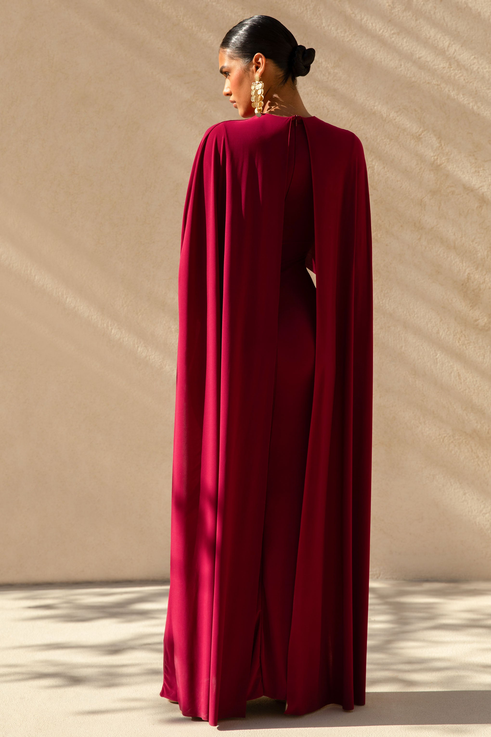 Belinda | Burgundy Draped Maxi Dress With Cape Sleeves
