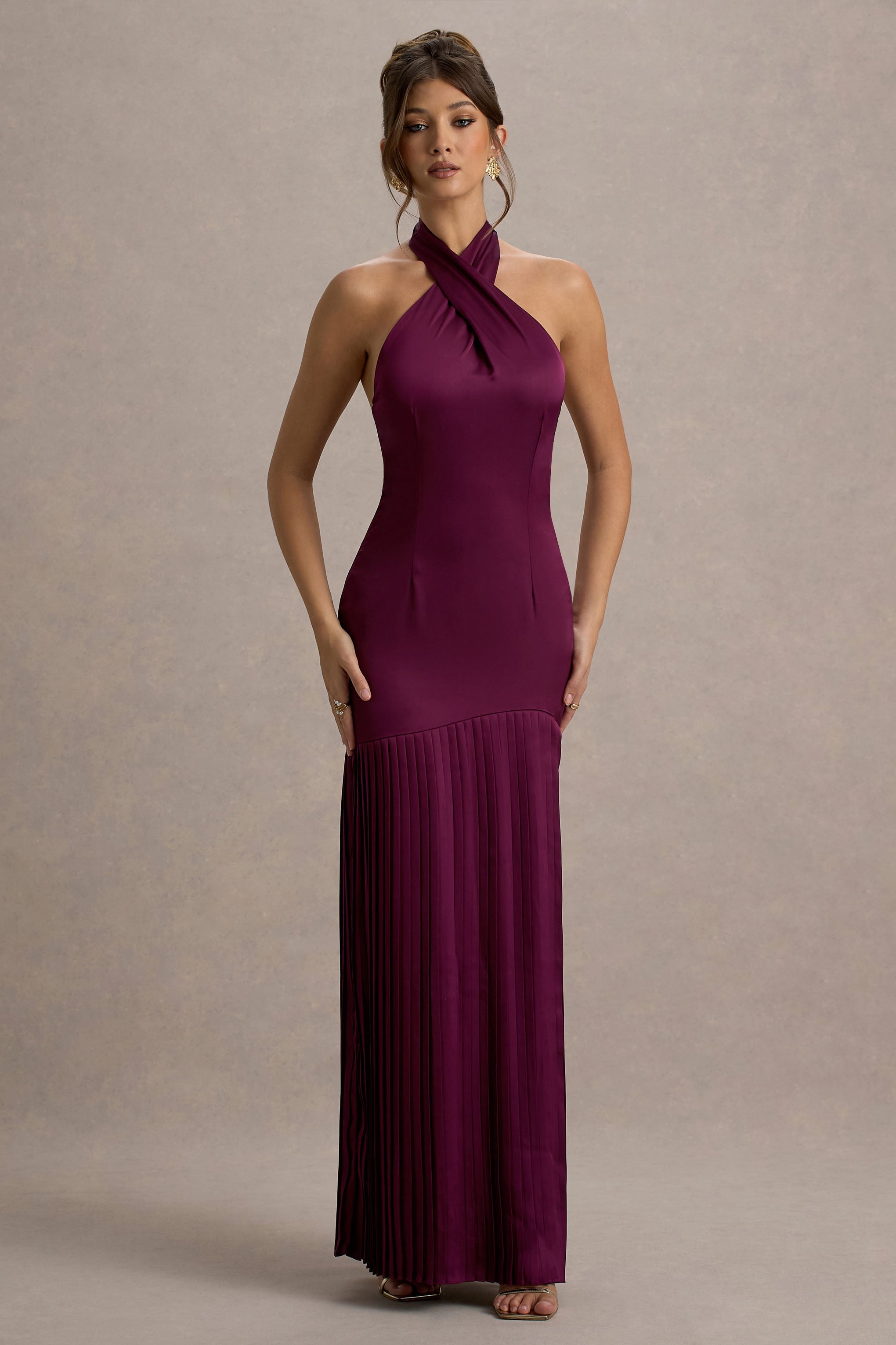 Sansa | Burgundy Satin Cross Halter-Neck Plisse Maxi Dress