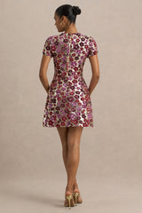 Eira | Pink Floral Sequin Crew-Neck Mini Dress