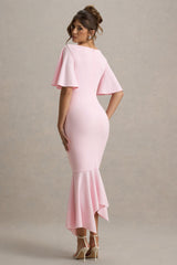 Ashling | Pink Flutter-Sleeve Hanky-Hem Midi Dress