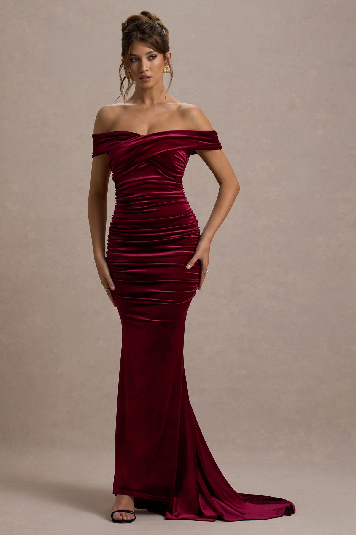 Apolline | Berry Velvet Off The Shoulder Ruched Fishtail Maxi Dress