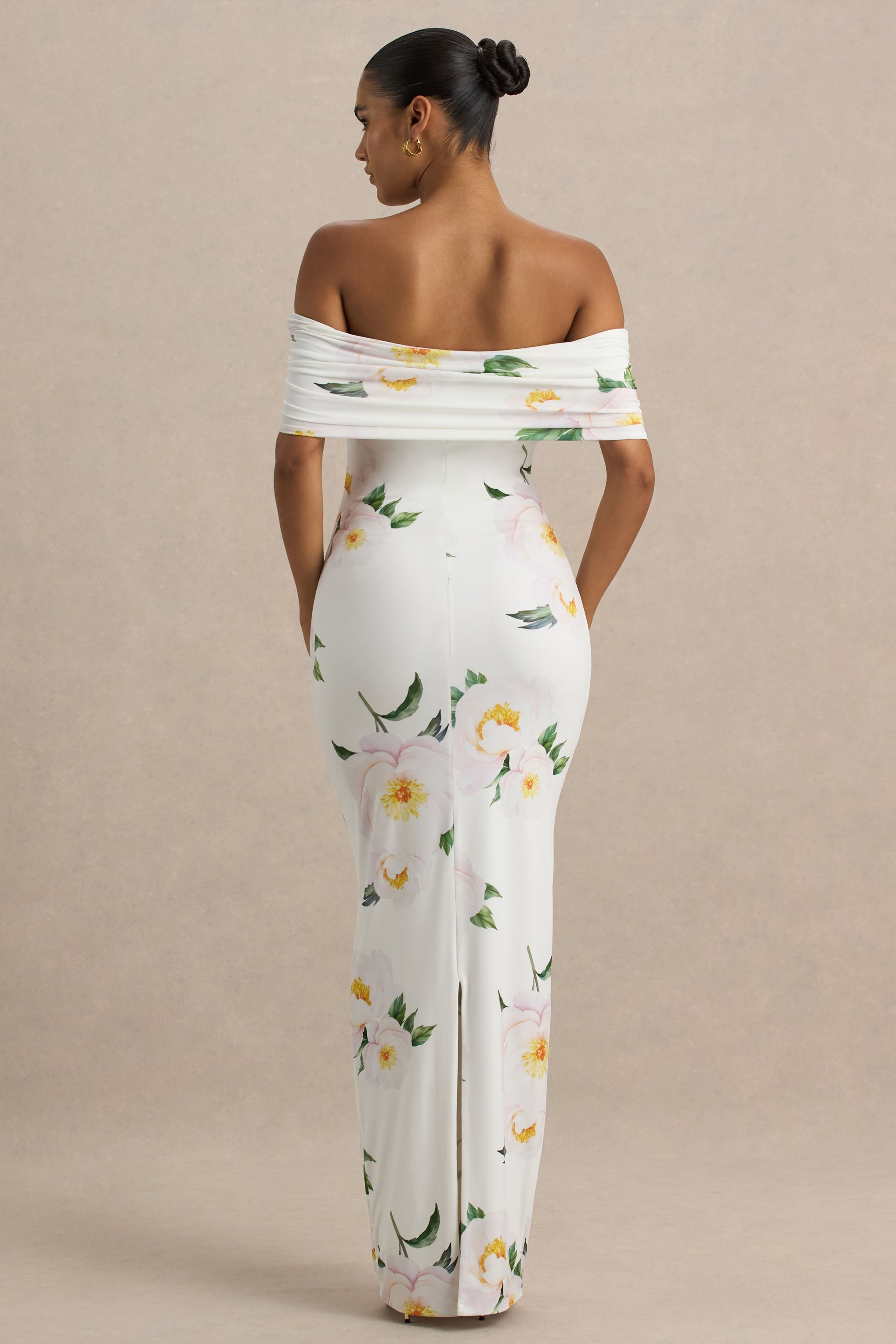 Capri | White Rose Print Bardot-Neck Maxi Dress With Ruched Detailing