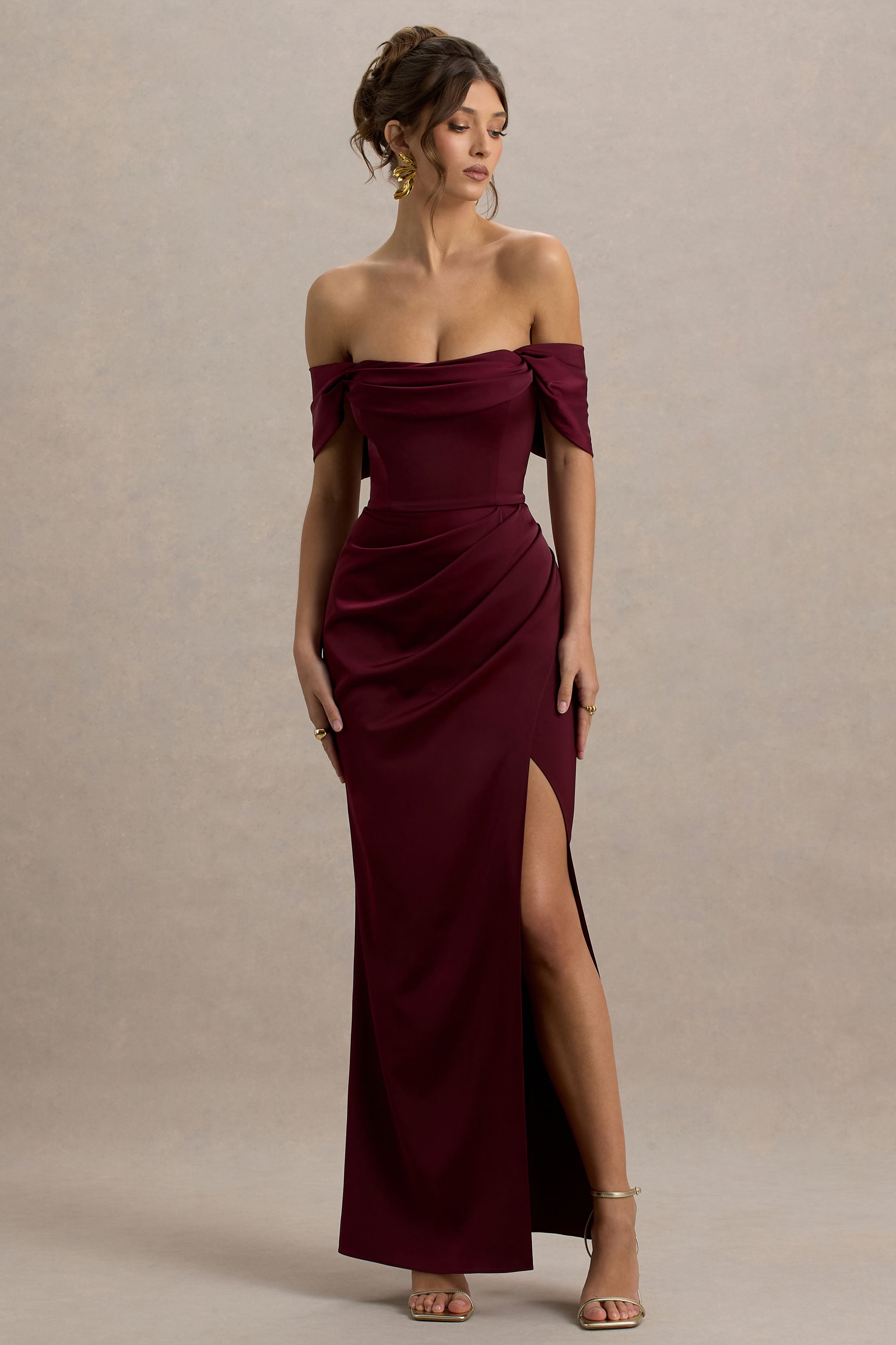 Annie | Burgundy Satin Bardot Maxi Dress With Split Wrap Skirt