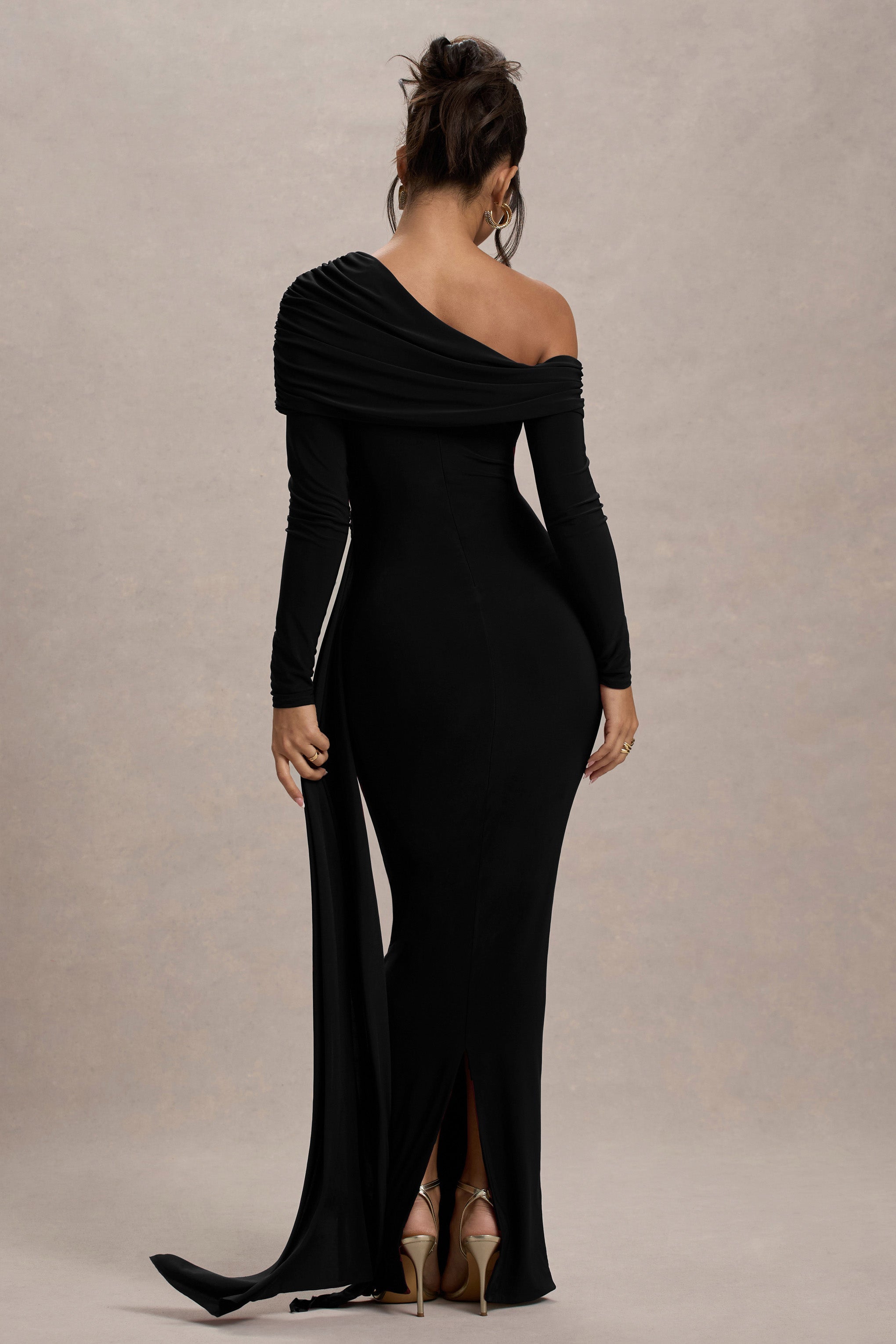 Valina | Black Ruched Asymmetric Maxi Dress With Drape