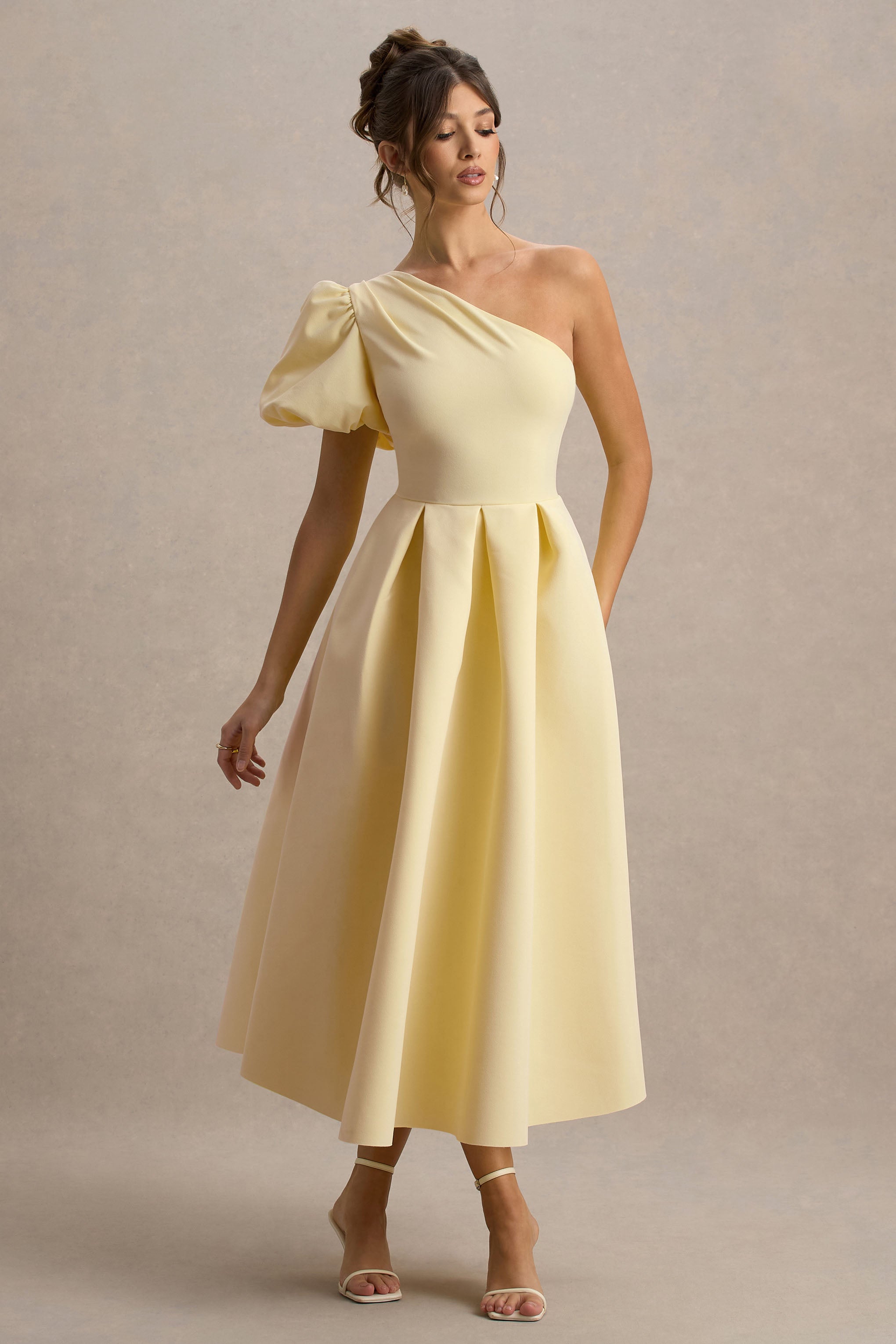 Rochelle | Pale Lemon Asymmetric Puff-Sleeve Midi Dress