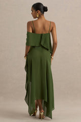 Tiara | Green Asymmetric Midi Dress With Draping Detailing and Open-Back