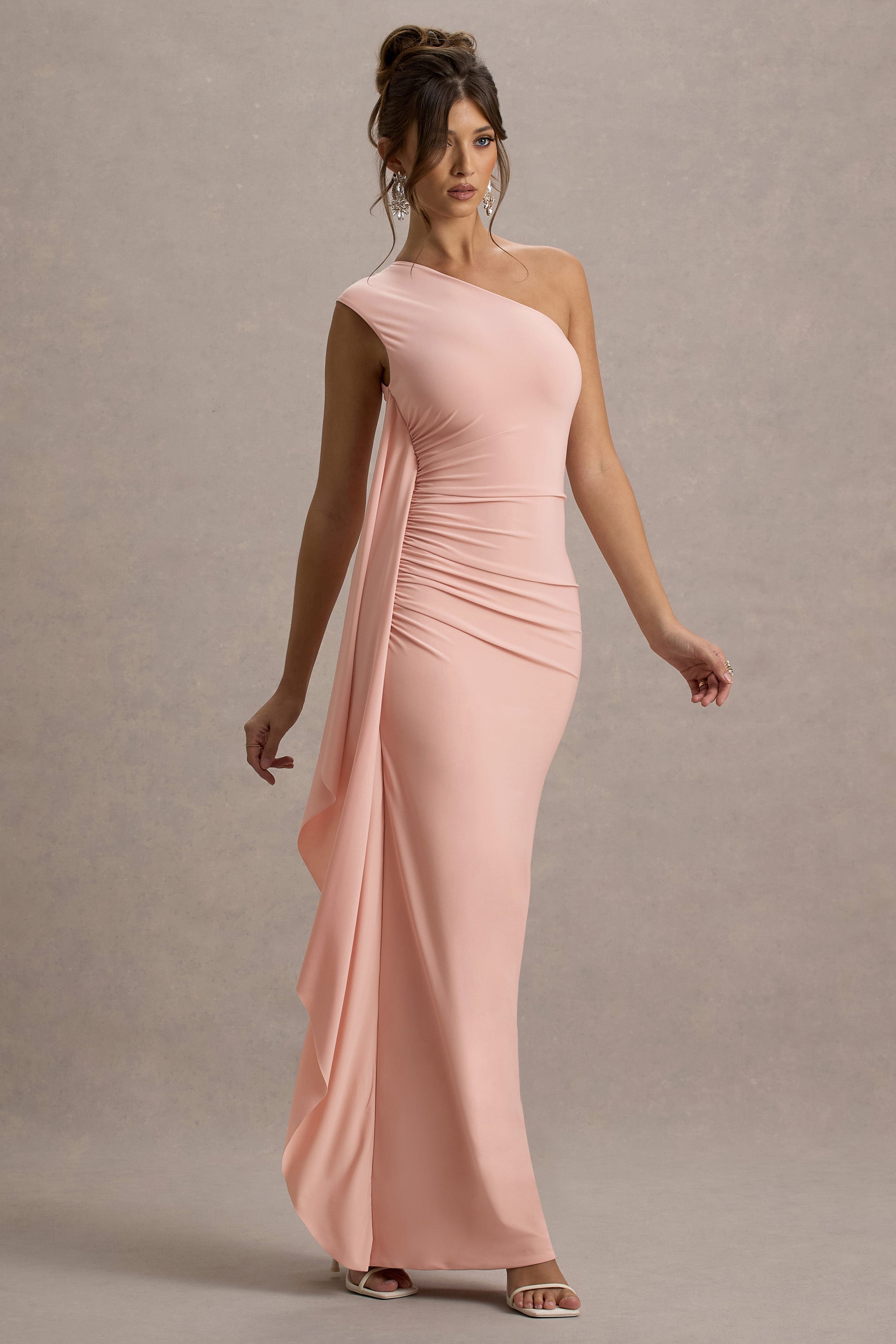 Adelina | Pink One-Shoulder Maxi Dress With Drape
