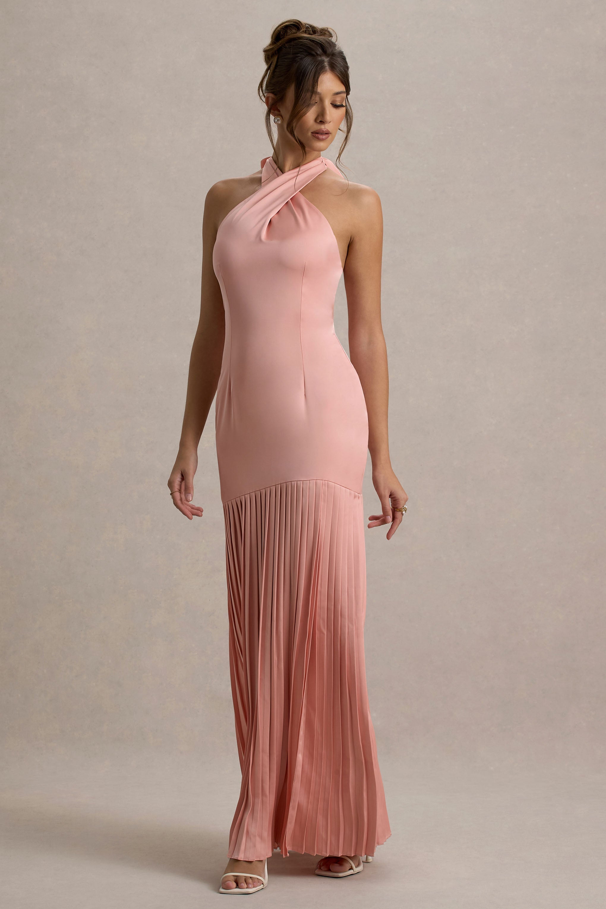 Sansa | Light Pink Satin Cross Halter-Neck Plisse Maxi Dress